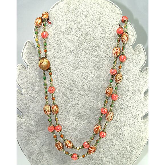 Vintage Japan Orange Gold Art Bead Necklace, Two Strands, 1950s - Picture 8 of 10